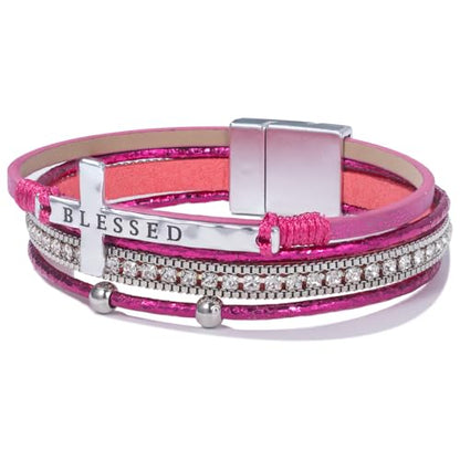 Christian Cross Leather Bracelets Boho Western Blessing Religious Jewelry - color: Hot Pink
