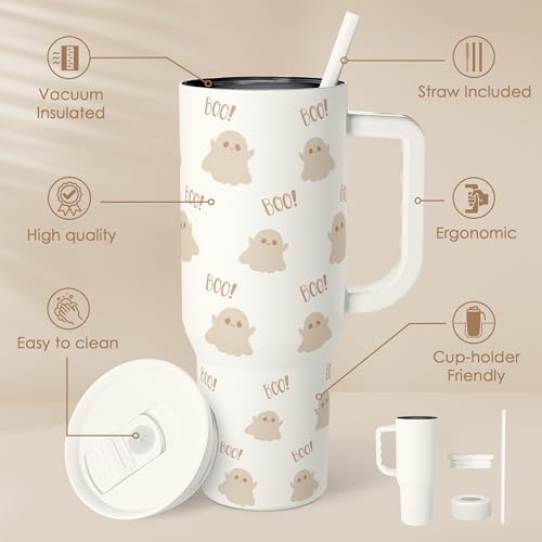 SANDJEST Boo Tumbler with Handle and Straw 40oz – Stainless Sleel Slider Tumbler Travel Coffee Mug for Women - Gift Idea for Fall Autumn Halloween Christmas - color: Boo 1
