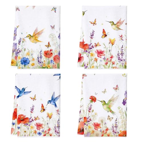 Hummingbird Kitchen Towels Set of 4, Floral Butterfly Dish Towels - color: Colorful Hummingbird