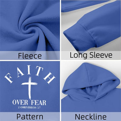 Men Faith Over Fear Christian Cross Graphic Pullover Hoodie - color: Blue, size: Medium