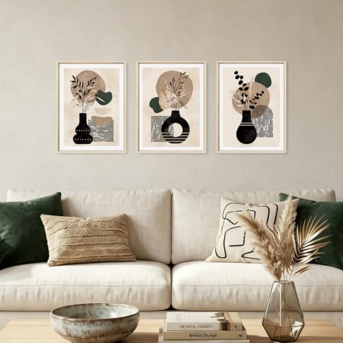 HOURIA Mid Century Modern Black Vase Framed Canvas Wall Art Set- 12"x16"x3 - color: Boho Vase Botanical Wall Art, size: 12"L x 16"W