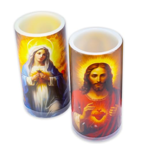 Religious Flameless Devotional Candle 2 Pack - Bundle with 2 Jesus Sacred Heart, Lady Guadalupe, Candles for Vigils, Prayers, Blessing, Ceremonies | Flameless Candle 3" x 6"