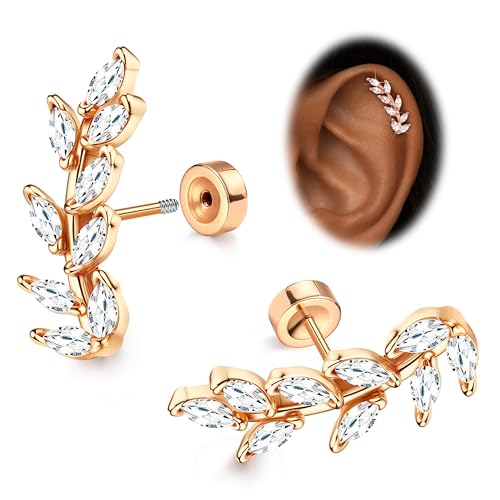 JeryWe Cartilage Earrings for Women Hypoallergenic Helix Piercing Jewelry - color: D:leaf-rosegold filled