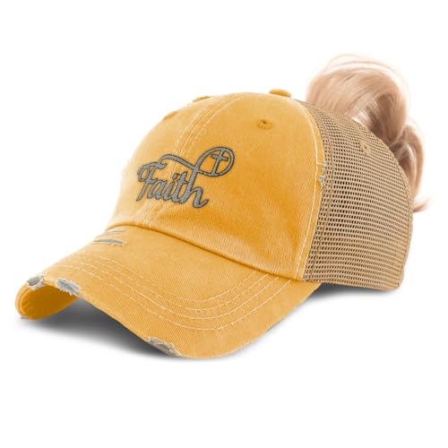 Ponytail Cap Women's Baseball Cap Embroidered Faith Christian Cross Faith Jesus Christ Cotton - color: Mustard Design Only