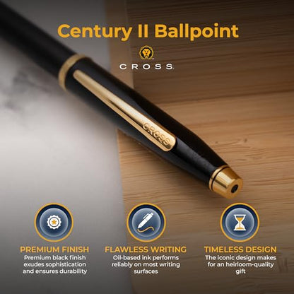 Cross Century II Personalized Ballpoint Pen in Black Lacquer with Gold Trim - color: Black
