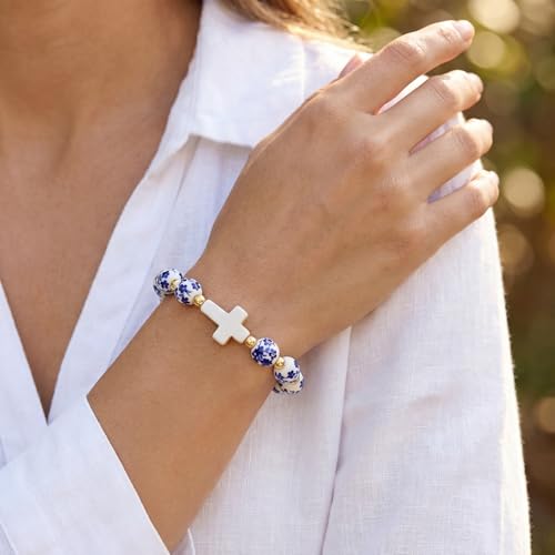 Cross Bracelet for Women - Christian Cross Beaded Bracelet Religious Jewelry for Women, Catholic Confirmation Gifts Inspirational Stretch with Charm, Meaningful Confirmation Jewelry Gifts - color: Blue