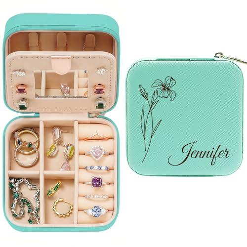 Ships Next Day, Personalized Travel Jewelry Mirror Case with Name Birth Flower, Bridesmaid Proposal Gifts Box Custom Birthday Gifts for Women, Christmas Customized Gifts for Teenage Girls - color: Birth and Flower Box-Turquoise