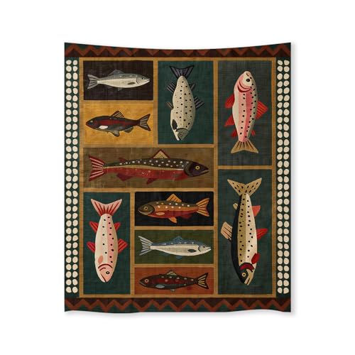 FoxUncle Fish Tapestry 50 X 60 Inches Vintage Dark Western Wall Art Rustic Country Salmon Trout Painting Retro Cabin Aesthetic Decor for Living Room Bedroom - color: Black, size: 60"L x 50"W