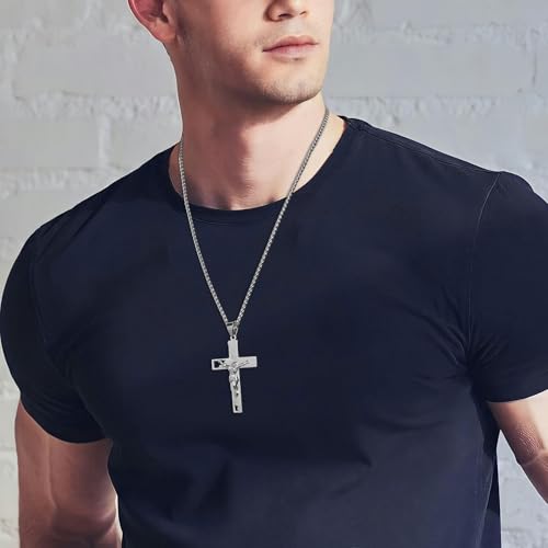 HZMAN Men's Stainless Steel Cross Crucifix Bible Prayer Pendant Necklace - color: Silver