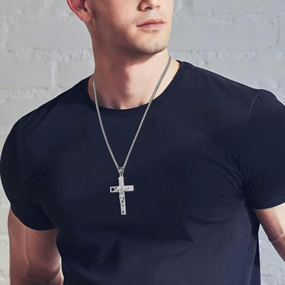 HZMAN Men's Stainless Steel Cross Crucifix Bible Prayer Pendant Necklace - color: Silver