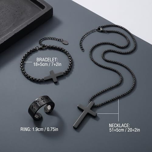 3 Pcs Cross Jewelry Set for Women/Men, Black Stainless Steel Necklace Bracelet and Ring, Religious Pendant for Baptism, Communion, Confirmation, Christian Jewelry