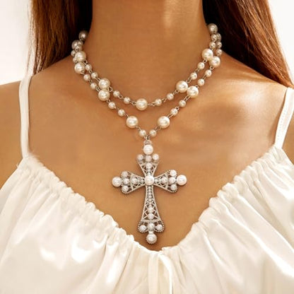 Pearl Cross Necklace Big Cross Pendants Necklaces for Women Chunky Pearl Necklace Gothic Cross Necklace Punk Vintage Cross Jewelry Women - style: Silver 05