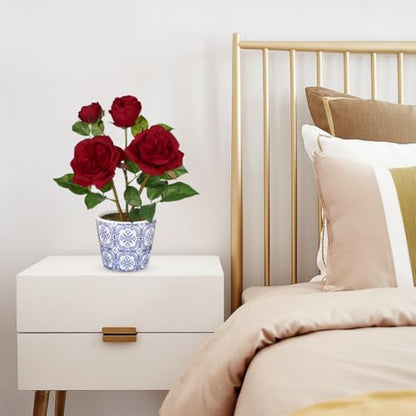 Hollyone Red Real Touch Roses Artificial Flowers in Vase Blue and White Porcelain Ceramic Pot 13.4" Fake Roses Flower Arrangement Artificial Plants & Flowers Potted Plant Faux Silk Rose Flower - color: Rose 3 - Red (13.4inch)