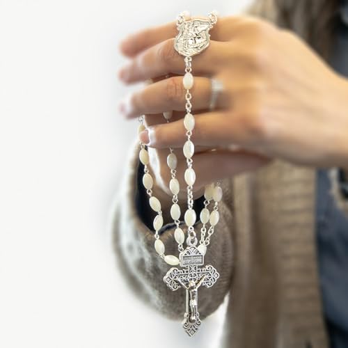 Catholic Rosary For Men & Women - 22.5" Rosary Necklace From The Holy Land Of Jerusalem - Catholic Rosary With Olive Wood & Mother of Pearl Rosary Beads & Crucifix Dangle - color: Saint Michael