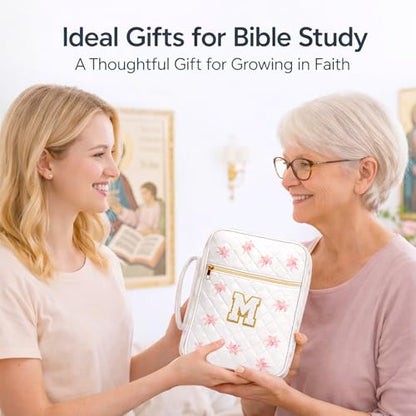 Bible Bag for Women, Bible Cover Case with Study Supplies, Initials Personalized Quilted Bible Bag, Large Chenille Bible Cover – Christian Gift for Girls (Pink Lilies-M)