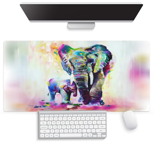 Abstract Rainbow Elephant Painting Large Mouse Pad, Boho Wildlife Desk Mat - color: Elephants