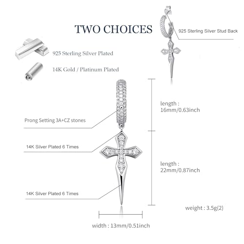 TOPGRILLZ Cross Hoop Dangle Earrings 925 Sterling Silver 5A+ Cubic Zirconia 14K Gold Hypoallergenic Cross Hoop Cuff Huggie Drop Earrings For Men Women - color: 14K Silver