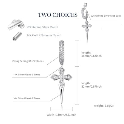 TOPGRILLZ Cross Hoop Dangle Earrings 925 Sterling Silver 5A+ Cubic Zirconia 14K Gold Hypoallergenic Cross Hoop Cuff Huggie Drop Earrings For Men Women - color: 14K Silver