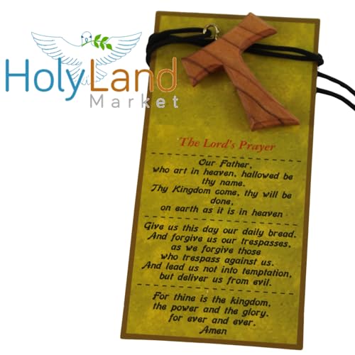 Holy Land Market Olive Wood Tau Cross Necklace Pendant, 70cm Cord