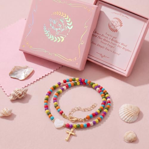 WomenGifts Colorful Beaded Cross Pendant Necklace, Trendy Heart Choker Jewelry for Teen Girls Women, First Communion Confirmation Baptism Catholic Religious Perfect Valentine's Gifts - color: Gold