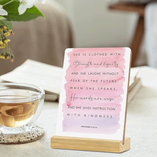 MUBIAO Inspirational Bible Verse Rustic Wooden Plaque with Stand, Proverbs 31:25-26, 4x5 Inches, Wood Material - color: Multicolor459