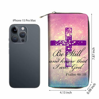 Christian Cross Bible Verse Psalm 46:10 Print Wallet for Women Large Capacity Wallet Credit Card Holder PU Leather Zipper Clutch Purse Phone Wallet - color: Christian Cross Bible Verse Psalm 46:10