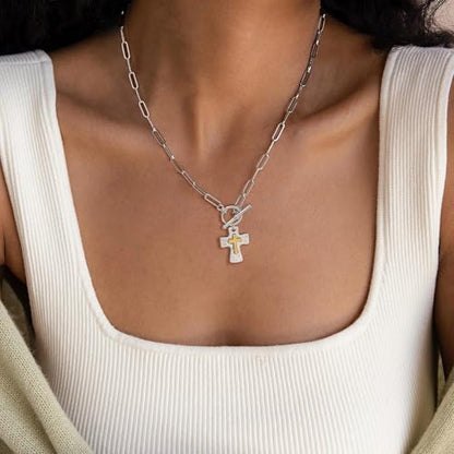 Chunky Cross Necklace for Women, 14K Gold Plated/Silver Statement Cross Pendant Necklace Simple Chunky Charm Necklace Big Gold Necklaces for Women Trendy Faith Jewelry Gifts - color: Chunky Cross SL
