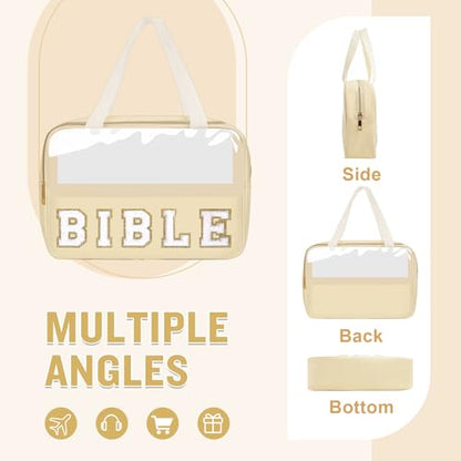 Chenille Letter Bible Bag Cover Case for Women,Preppy Bible Study Supplies Church Bag Purse Bible Accessories with Handle Zipper,Waterpoof Travel Makeup Bag Christmas Christian Gifts(BIBLE-Beige) - color: BIBLE-Beige
