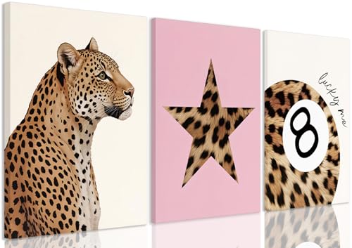 3Pcs Pink Trendy Leopard Canvas Wall Art,Preppy Y2K trend Lucky 8 Ball Cheetah Posters Print Decor Decor for Bedroom, bathroom living room College Dorm, 12x16in Framed - color: Pink Cheetah, size: 16"Lx12"W