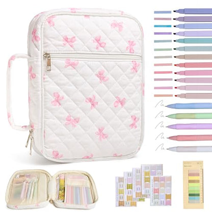 Bible Bag Cover Case for Women Study Supplies Kit Church Book Holder - color: Pink Bow