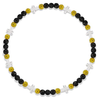Beaded Baseball Necklace | Adjustable Sports Rope Chain with Baseball Cross Charm - Great Baseball Drip Gift for Players and Fans - color: Black-Yellow-Wht