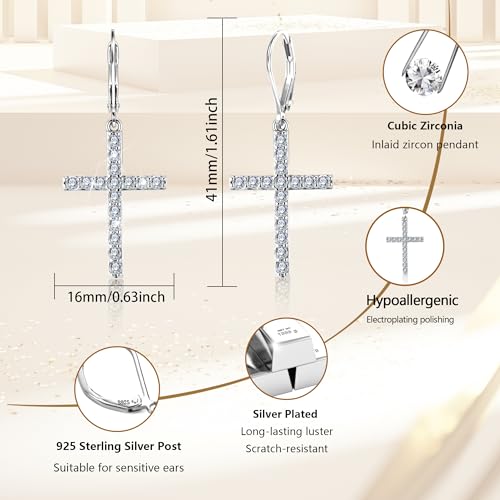 Silver Cross Dangle Earrings for Women 14K Gold Cross Dangle Earrings - color: Silver