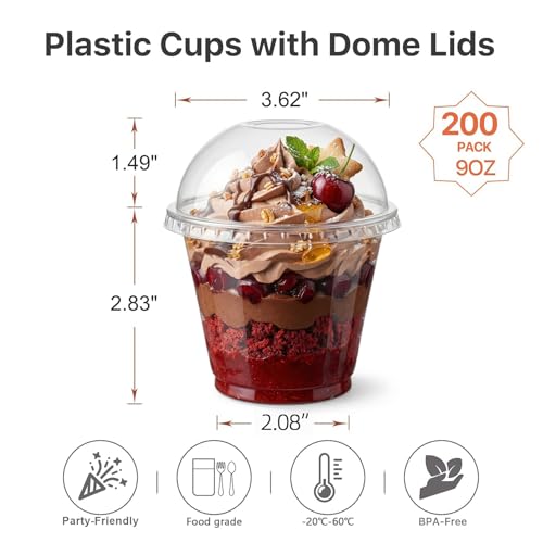Lullaby 200 Pack 9oz Clear Plastic Cups with Dome Lids, Dessert Fruit Cups - size: 200PACK