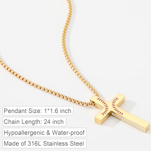 Baseball Bible Verse Cross Necklace for Boys Men, Stainless Steel Cross Pendant Baseball Game Day Christian Religious Jewelry Gifts for Teen Boys Kids - color: Gold, style: Joshua 1:9