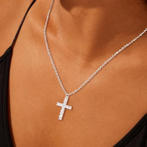 Poxtex Layered Gold Necklaces for Women, Stackable Dainty 14K Gold Silver Plated Trendy Simple Heart Diamond Cross Bow Circle Pendant Paperclip Choker Dot Chain Necklace,Jewelry Set Gifts for Women - color: Silver, style: Cross2