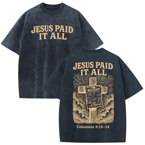 Christian Shirts for Men Religious Cross Bible Verse Jesus Faith Oversized T Shirt Graphic Vintage Acid Wash Tees - color: Denim Blue, size: Small