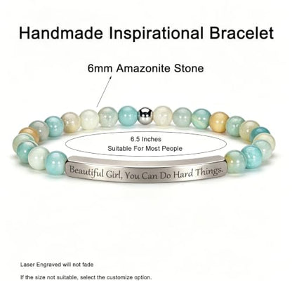 Inspirational Christian Bracelet for Women, 18K Gold Plated Bible Verse Jewelry with Amazonite Beads, Religious Faith Gift for Mom, Daughter, Sister, Friend - color: Beautiful G, You Can Do Hard Things.-Amazonite Silver