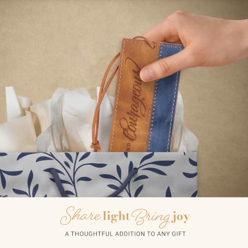 Christian Art Gifts Faux Leather Scripture Bookmark: Strong and Courageous - color: Brown/Navy - Be Strong