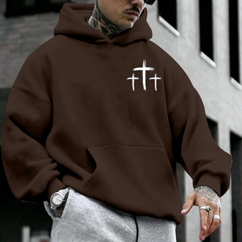 Men Faith Over Fear Christian Cross Graphic Pullover Hoodie - color: Brown, size: X-Large