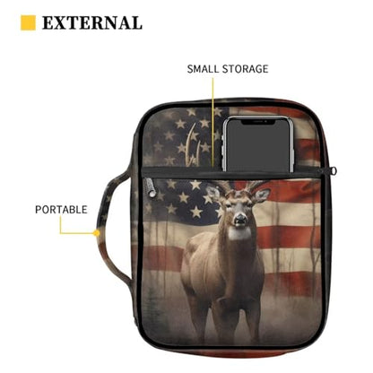 Suobstales American Flag Deer Print Bible Covers - Lightweight Bible Bag with Handle and Zippered Pocket - color: American Flag Deer 1