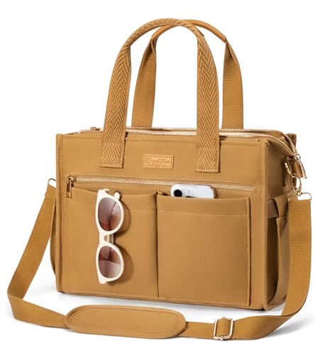 Canvas Tote Bag for Women, 15-Pockets Work Laptop Tote Purse Large Crossbody Nurse Teacher Bible Bag for School Travel Daily - color: M3.brown, size: Medium-14inch