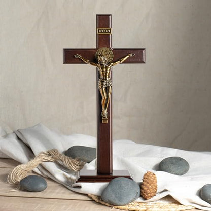 KUXBET Crucifix Wall Cross with Standing,10inch Jesus Catholic Wooden Cross - color: Standing Tabletop