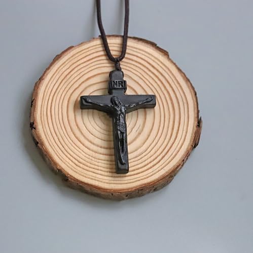 Rnivida Natural Wooden Crucifix Cross Necklace for Men - Handmade Adjustable Rope Chain with Large Religious Pendant, Catholic Christian Spiritual Jewelry Gifts - color: Black