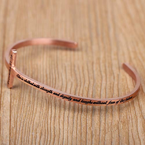 Memgift 𝐂𝐫𝐨𝐬𝐬 𝐁𝐫𝐚𝐜𝐞𝐥𝐞𝐭 Religious Cuff Bangle 𝐁𝐢𝐛𝐥𝐞 𝐕𝐞𝐫𝐬𝐞 Christian Gifts Jewelry for 𝐖𝐨𝐦𝐞𝐧 - style: Rose gold-She is clothed with strength... the future -Proverbs 31:25