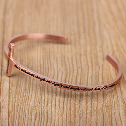 Memgift 𝐂𝐫𝐨𝐬𝐬 𝐁𝐫𝐚𝐜𝐞𝐥𝐞𝐭 Religious Cuff Bangle 𝐁𝐢𝐛𝐥𝐞 𝐕𝐞𝐫𝐬𝐞 Christian Gifts Jewelry for 𝐖𝐨𝐦𝐞𝐧 - style: Rose gold-She is clothed with strength... the future -Proverbs 31:25
