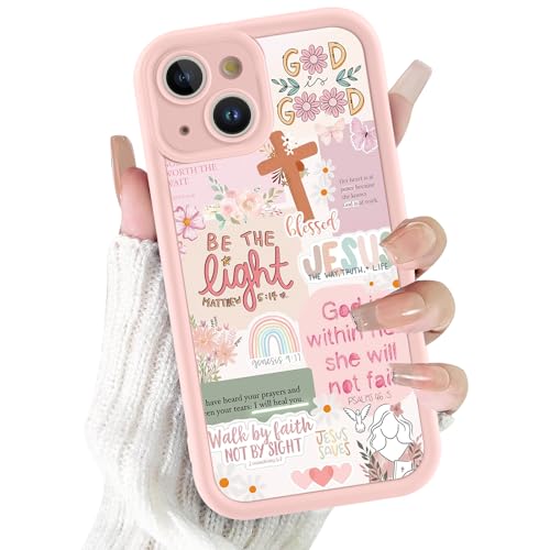 for iPhone 15 Plus 6.7'' Cute Christian Bible Verse Phone Case, Aesthetic Pink Floral Cross & Jesus Art Religious Collage Case, Slim TPU Shockproof Protective Phone Cover for Women Girls - color: Pink Flower Cross Collage, size: iPhone 15 Plus