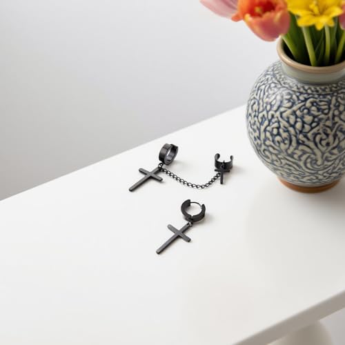 Unisex Punk Hip Hop Stainless Steel Silver Black Gold Tone Lock Thunder Lightning Bolt Dangle Huggie Hoop Earrings Gift for Women Men Boy Teens - color: Black-Asymmetric Cross