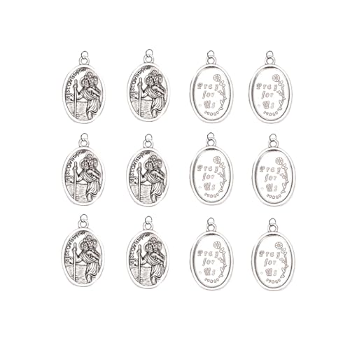 ASIJUNTYECHO St Christopher Protect Us Medal Charms, Vintage Silver Oval Religious Medals, 12Pcs Holy Catholic Rosary Pendants for DIY Jewelry Making Necklace Bracelet Keychain