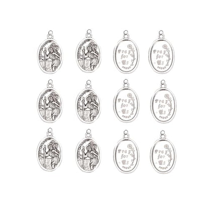 ASIJUNTYECHO St Christopher Protect Us Medal Charms, Vintage Silver Oval Religious Medals, 12Pcs Holy Catholic Rosary Pendants for DIY Jewelry Making Necklace Bracelet Keychain