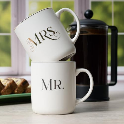 Christian Art Gifts Inspirational Novelty Ceramic Coffee & Tea Mug Set for Husbands & Wives: Mr. & Mrs. Encouraging Scripture, Weddings, Anniversaries, White/Silver/Gold, Pack of Two Large 14 oz. Cups